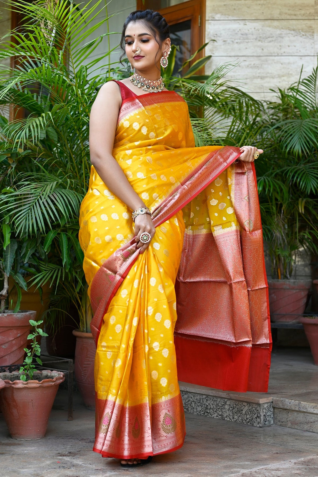 Yellow And Red Pure Coimbatore Silk Handloom Saree