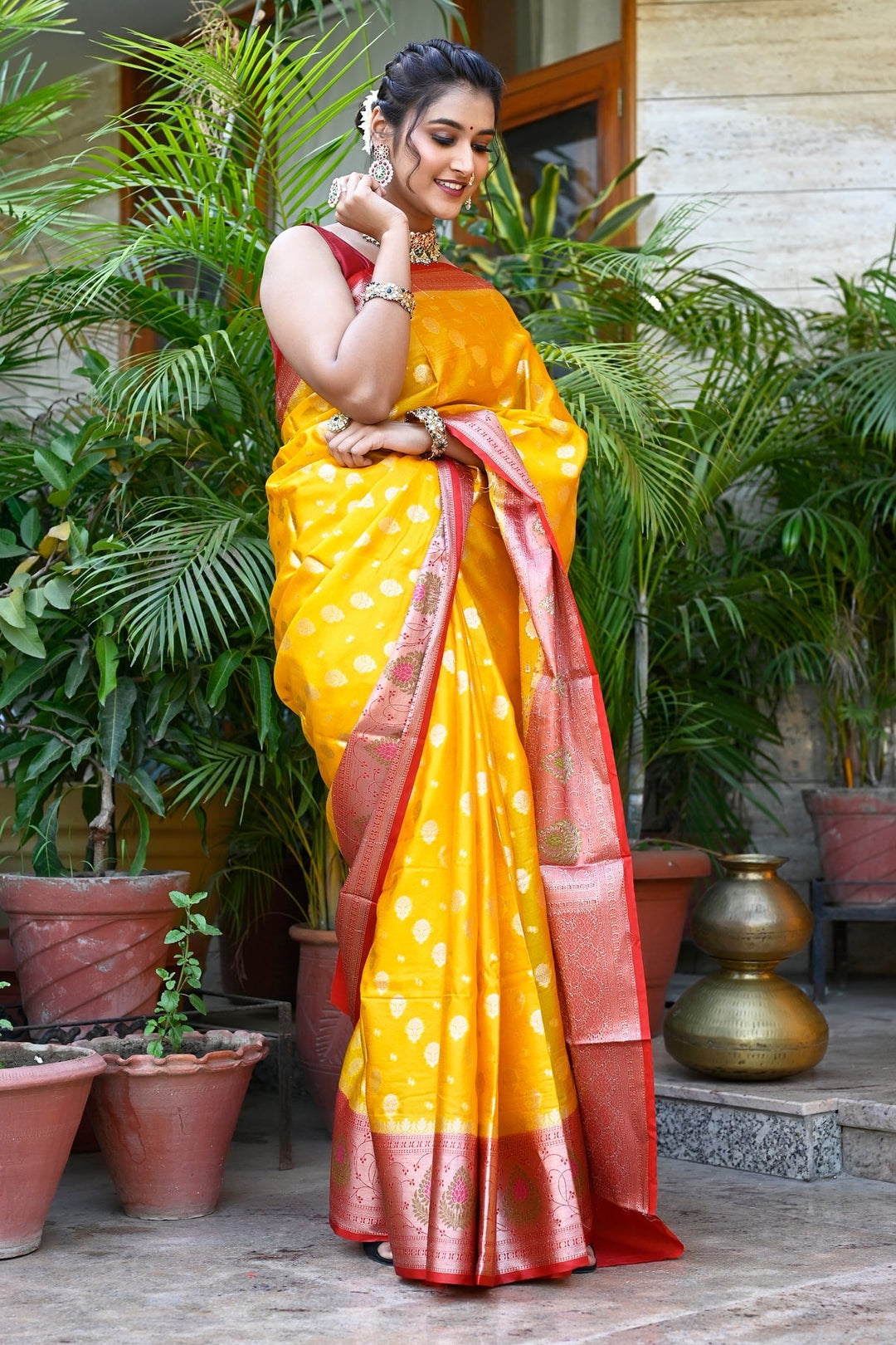 Yellow And Red Pure Coimbatore Silk Handloom Saree