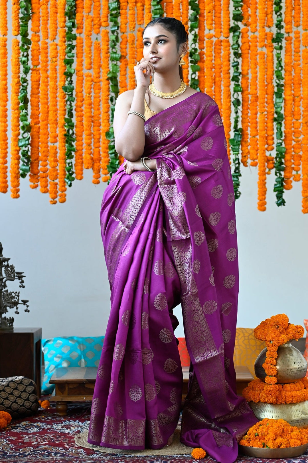 Dark Purple Pure Pondicherry Silk Handloom Saree