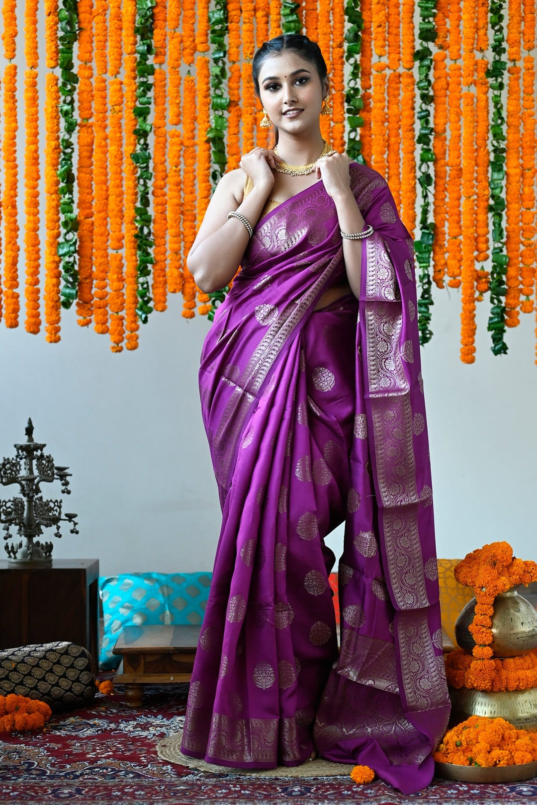 Dark Purple Pure Pondicherry Silk Handloom Saree