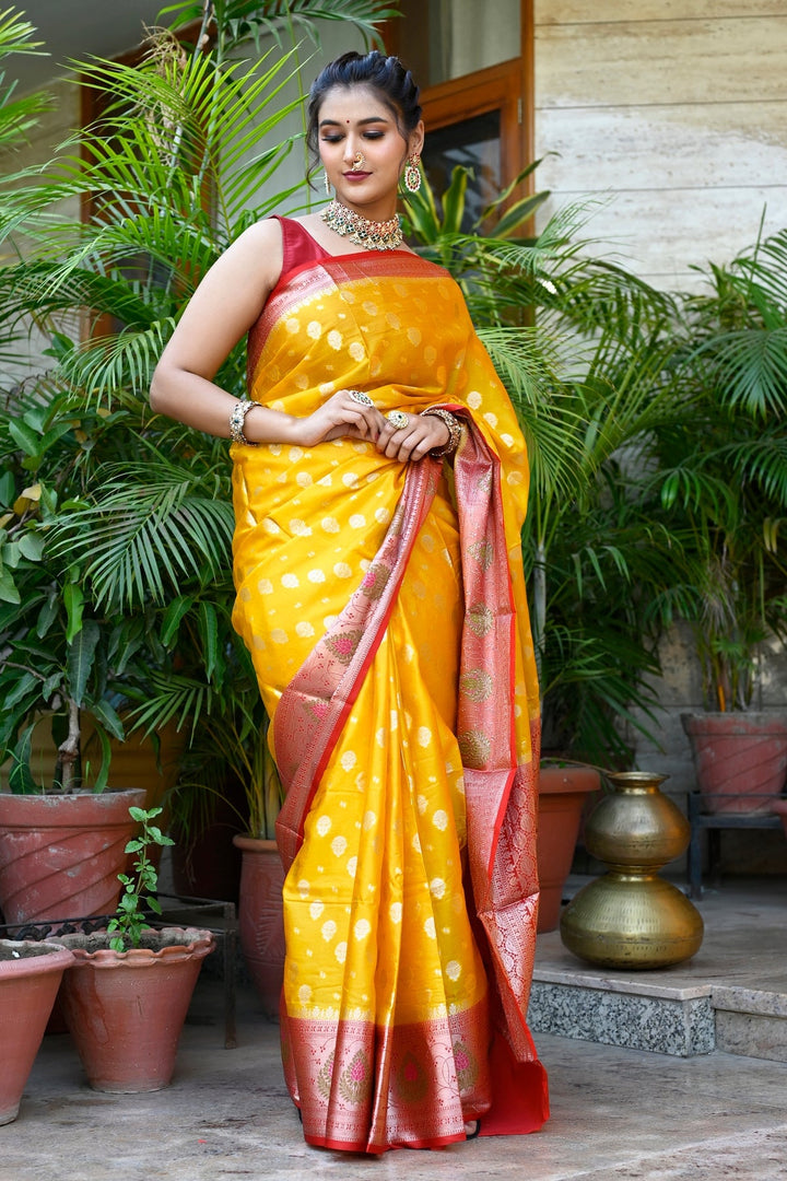 Yellow And Red Pure Coimbatore Silk Handloom Saree