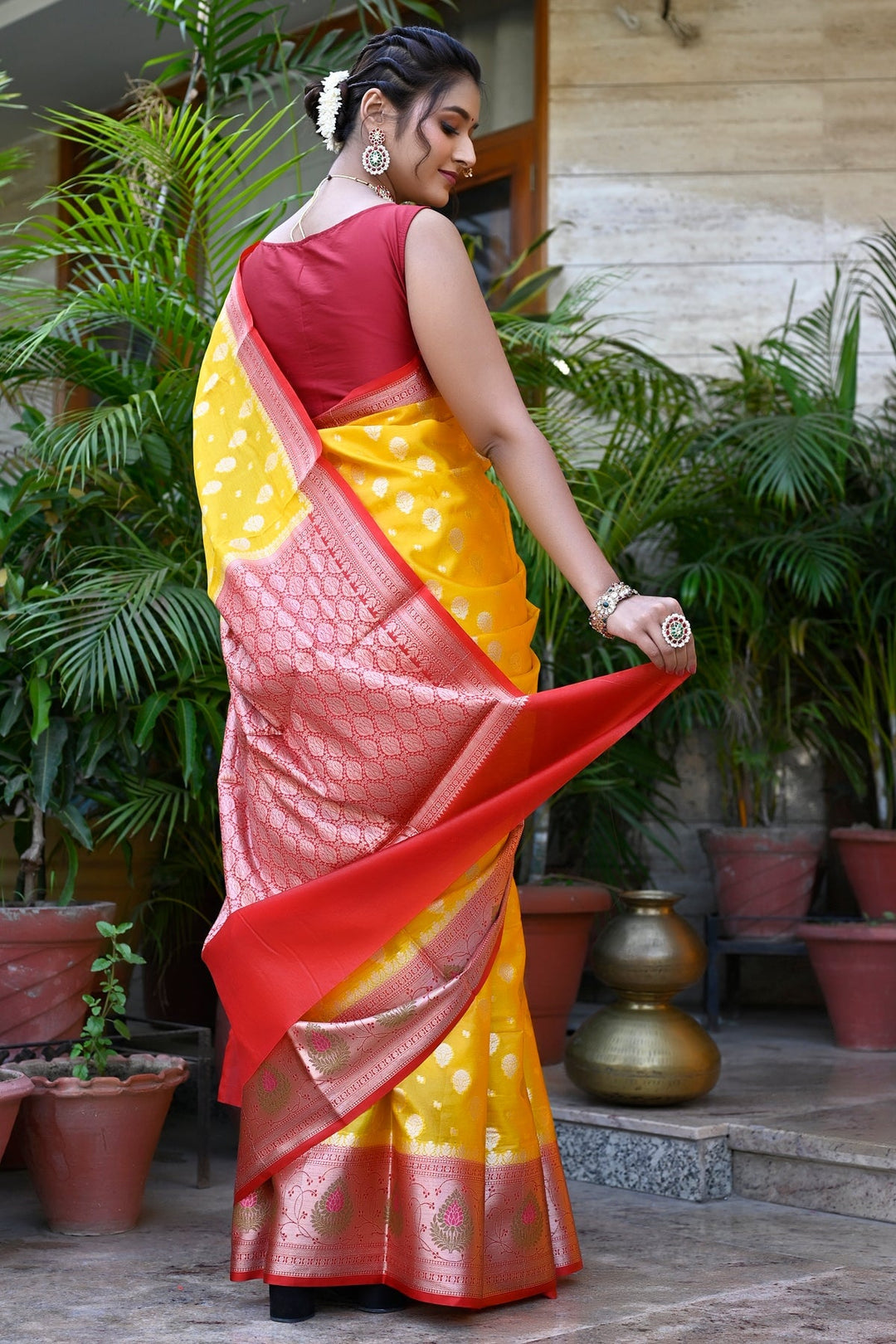 Yellow And Red Pure Coimbatore Silk Handloom Saree