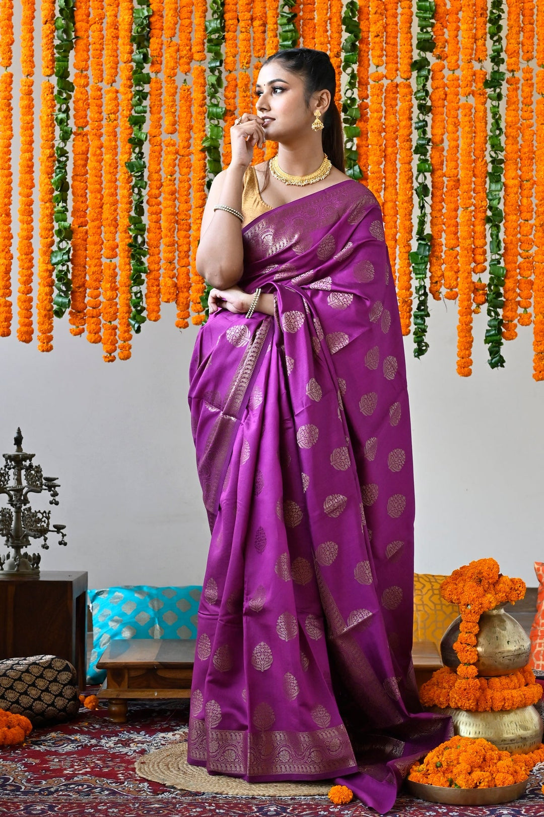 Dark Purple Pure Pondicherry Silk Handloom Saree