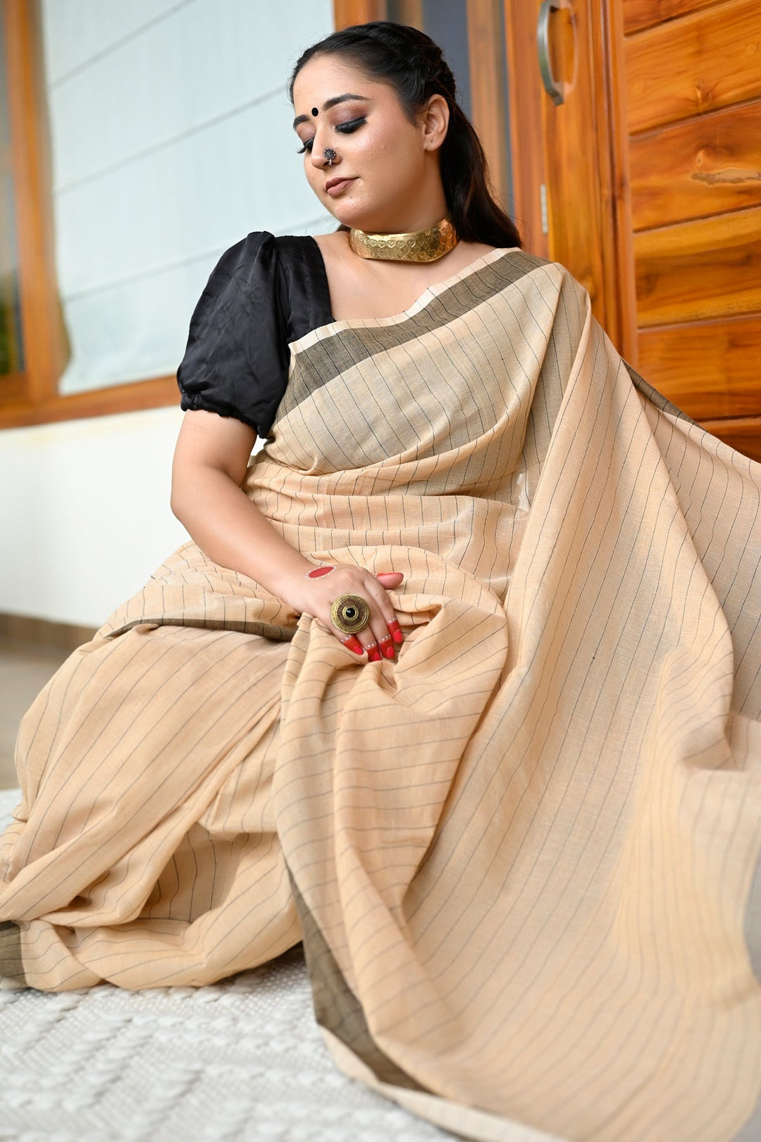 Beige And Black Pure Bengali Cotton Taant Handloom Saree.