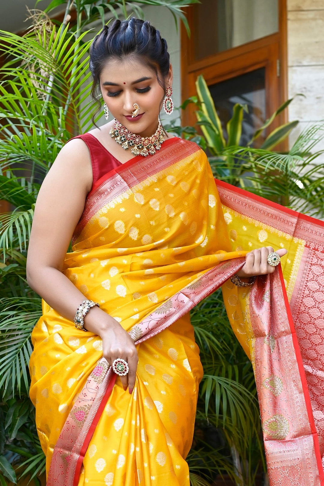 Yellow And Red Pure Coimbatore Silk Handloom Saree