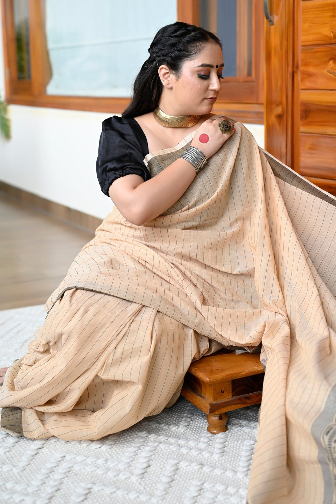 Beige And Black Pure Bengali Cotton Taant Handloom Saree.