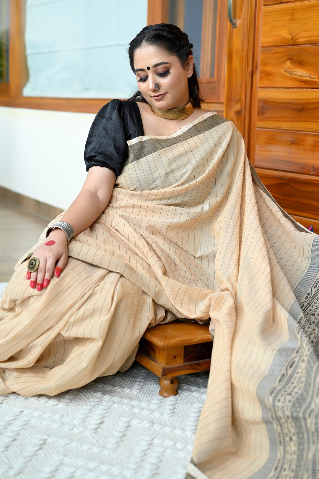 Beige And Black Pure Bengali Cotton Taant Handloom Saree.