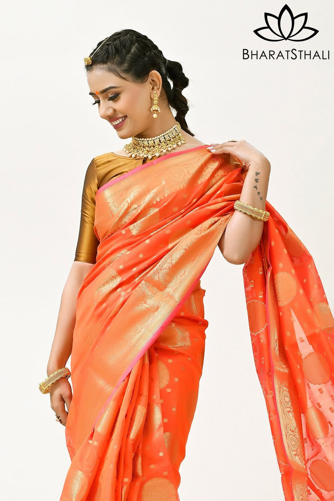 Orange Color Silk Cotton Banarasi Silk Saree with Zari Border