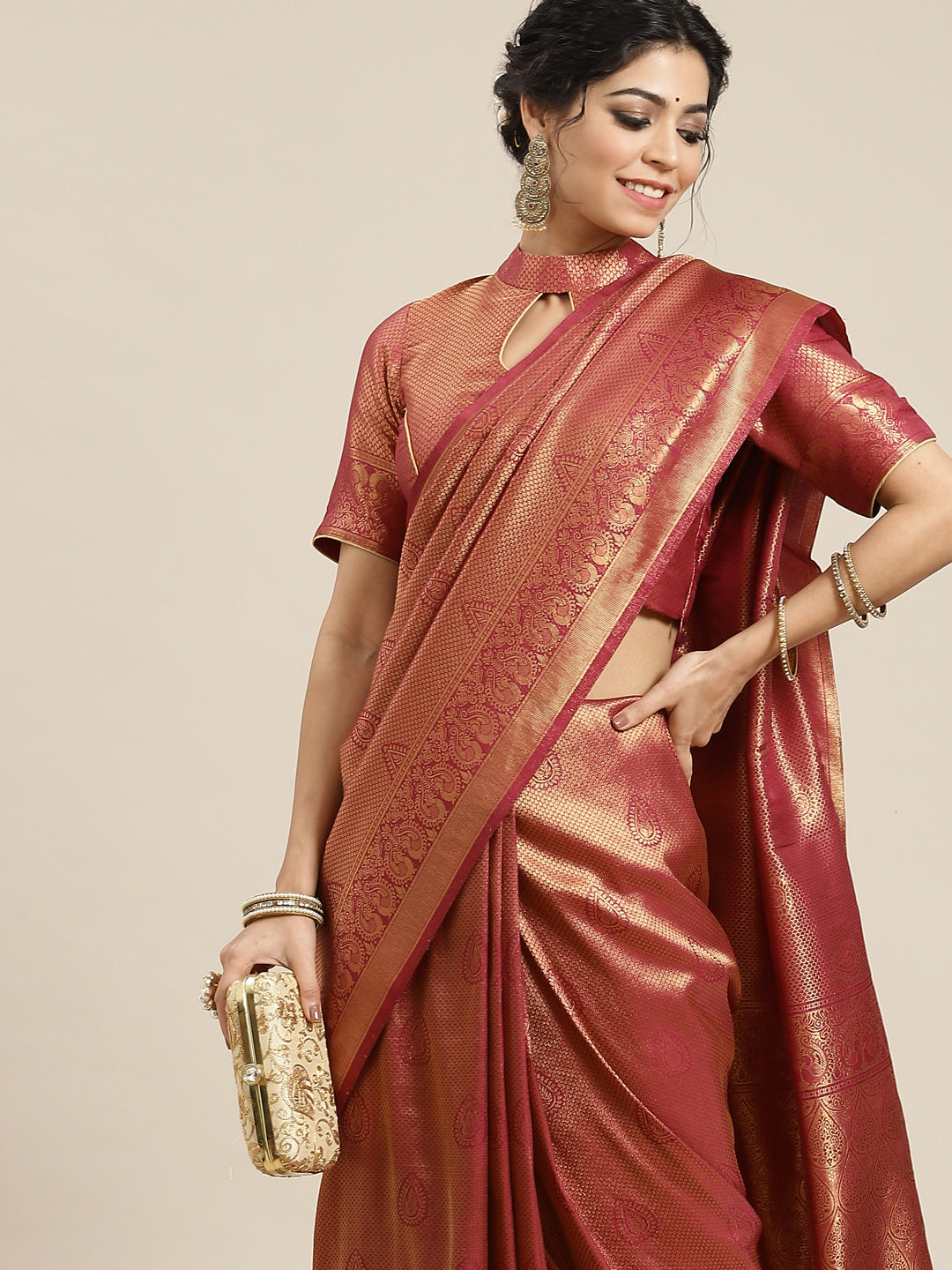 Maroon and Gold Colored Art Silk Woven Design Banarasi Handloom Saree