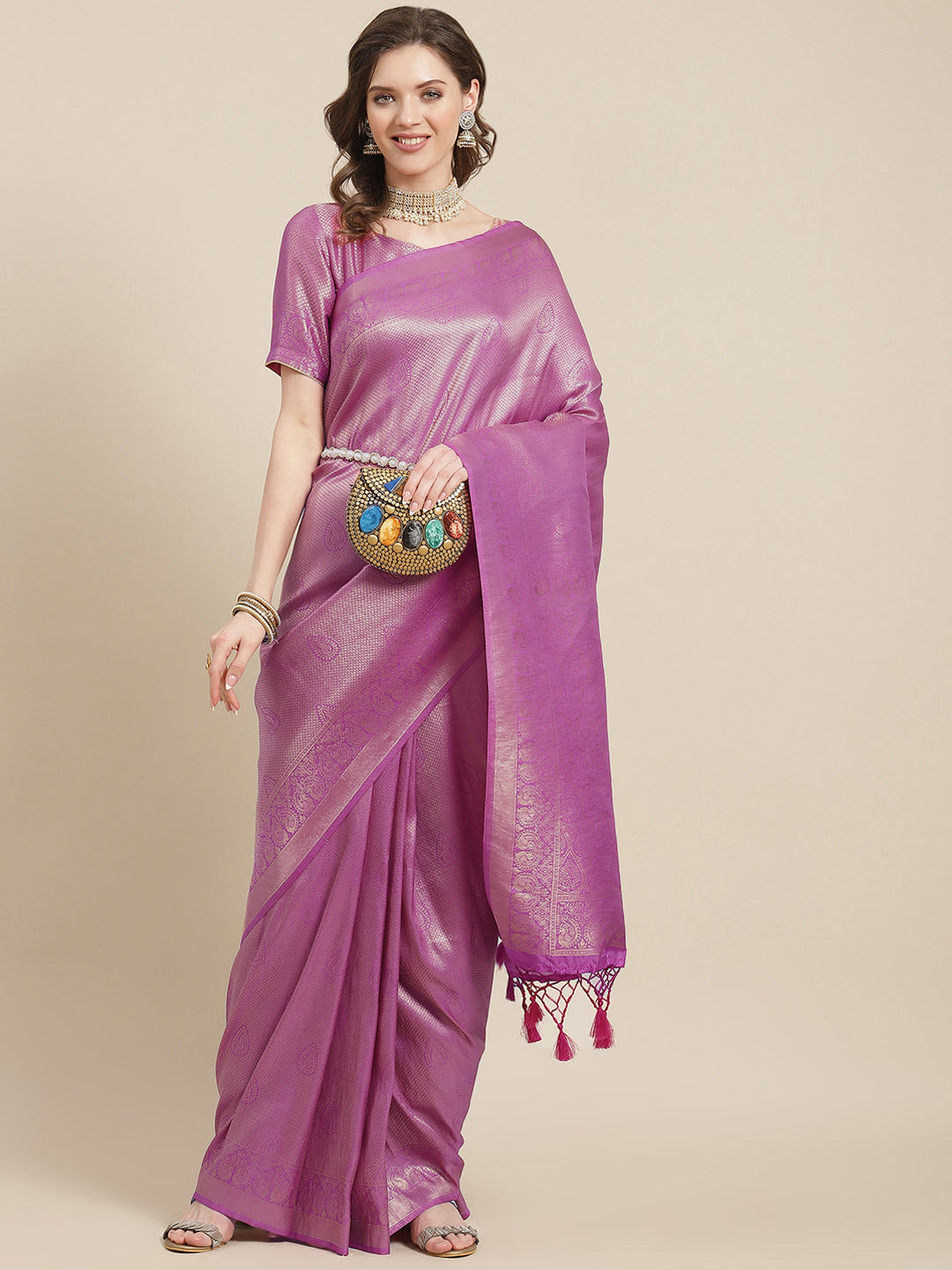 Lavender and Gold Colored Art Silk Woven Design Banarasi Handloom Saree