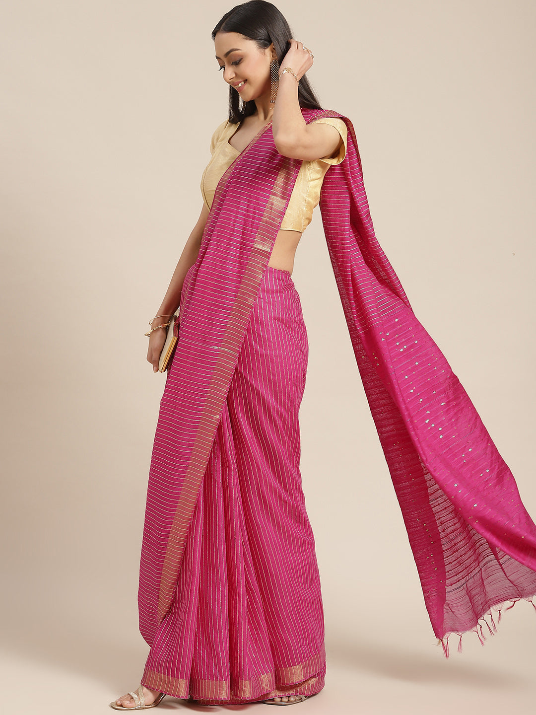 Magenta Color Color Woven Design Striped Handloom Saree