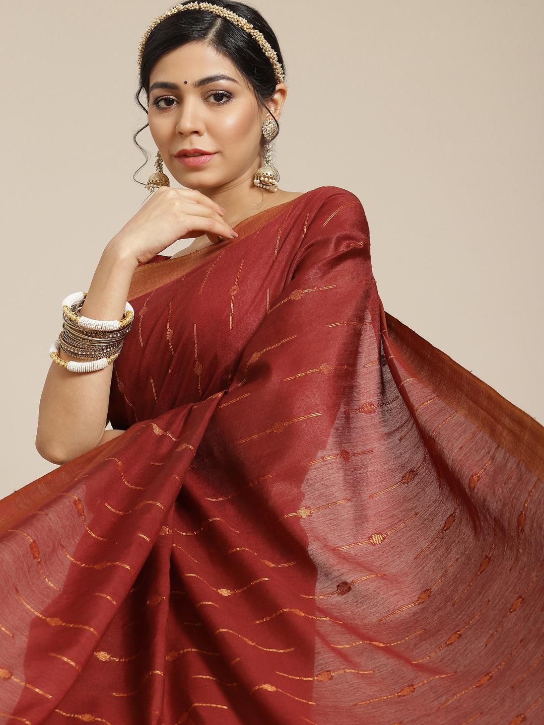 Brown Color Silk Cotton Woven Design Maheshwari Saree