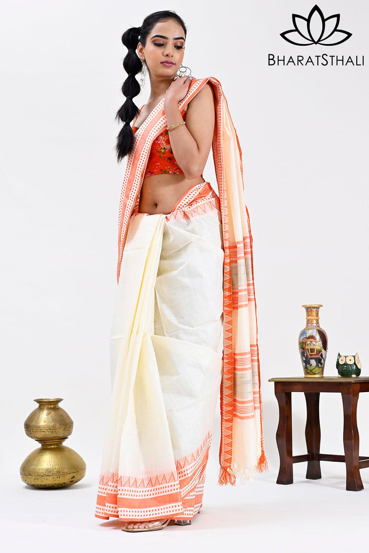 Cream Color Pure Cotton Woven Design Maheshwari Handloom Saree