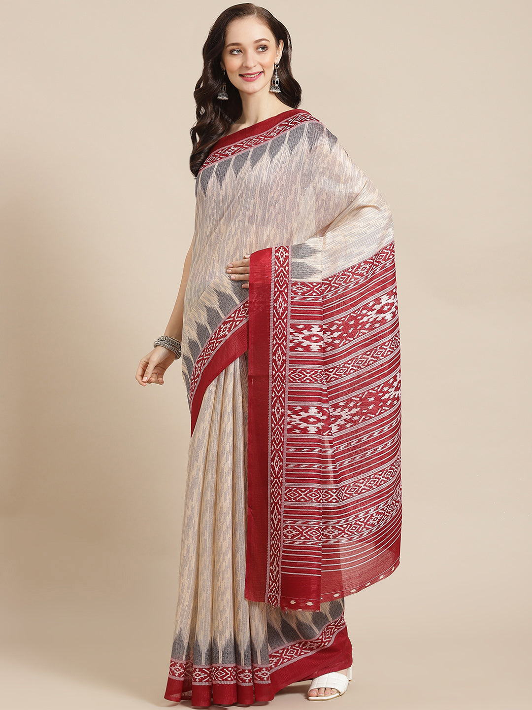 Beige and Red Colored Woven Design Sambalpuri Saree