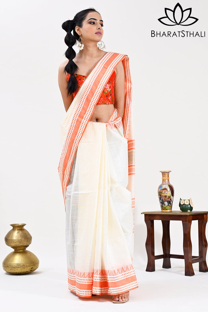 Cream Color Pure Cotton Woven Design Maheshwari Handloom Saree