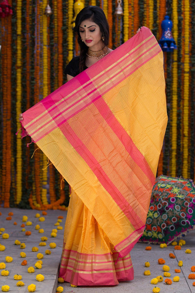 Orange Jute Kota Silk Saree - Loomfolks