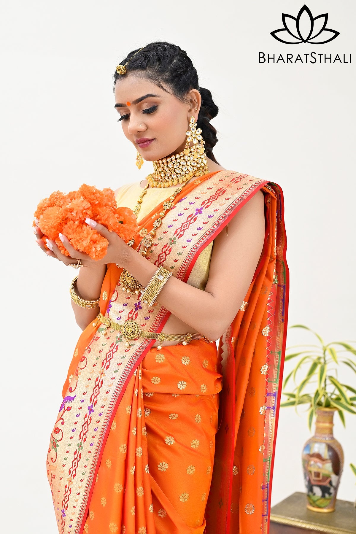Orange Chiffon Saree with Georgette Blouse, Sari with Boat Neck Blouse,  Saree with Full Sleeve