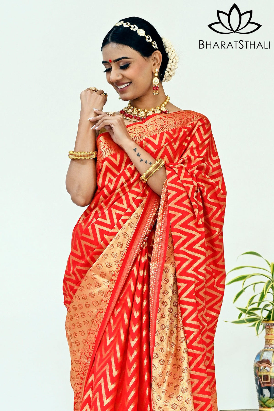 Red Color Banarasi Silk Saree with Golden Zari Work and Broad Border