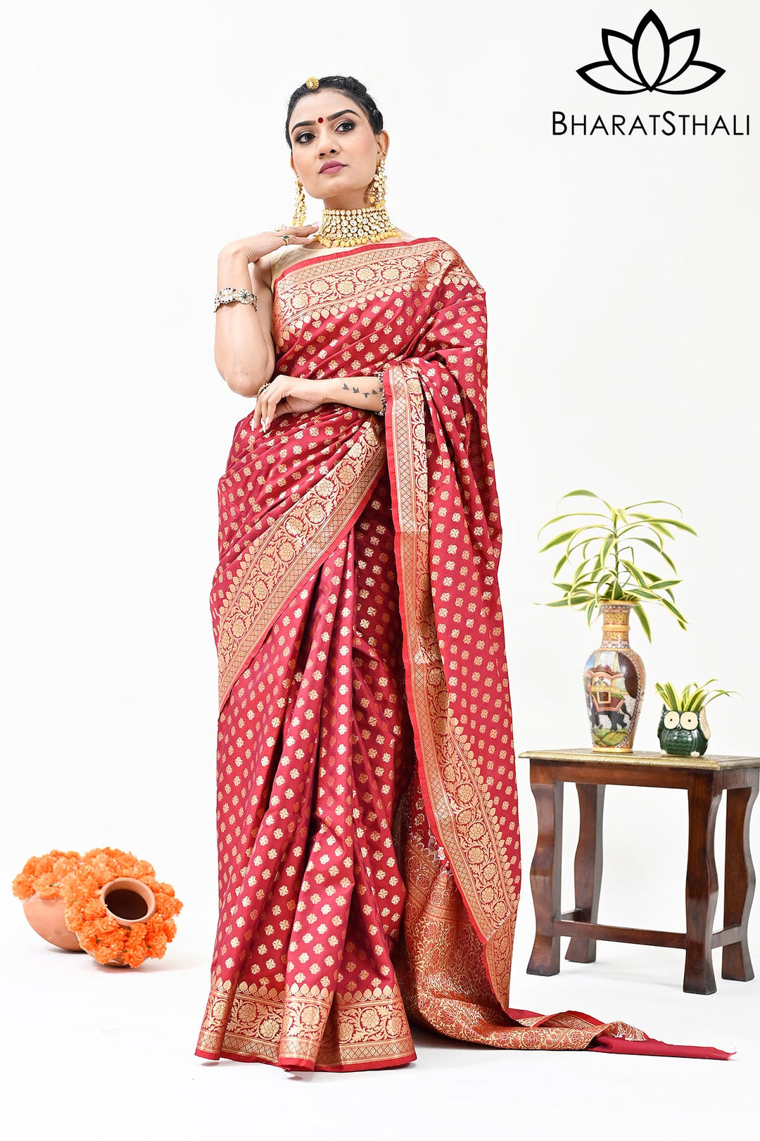 Maroon Color Banarasi Silk Saree with Golden Zari Work and Heavy Pallu