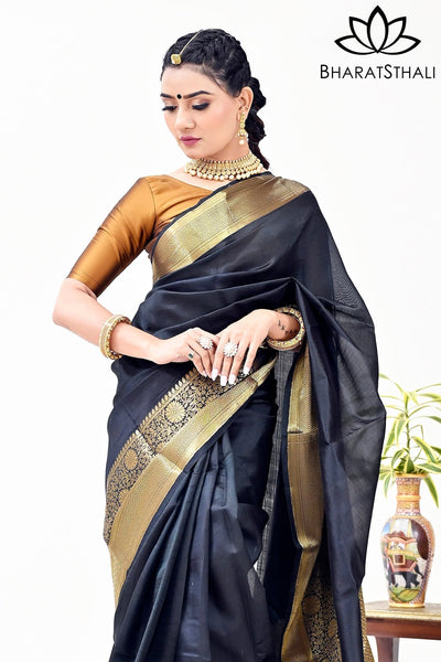 Achala : Cotton Handloom Saree zari pallu - Black