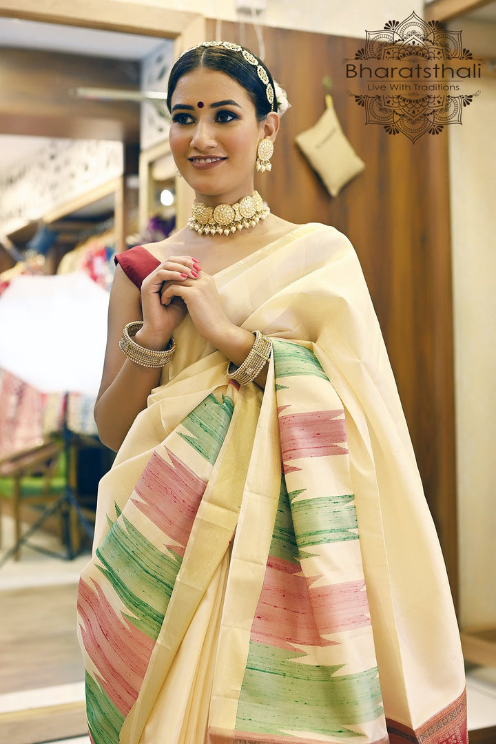 Cream Color Pure Silk Sambalpuri Saree with Red Pallu and Temple Border