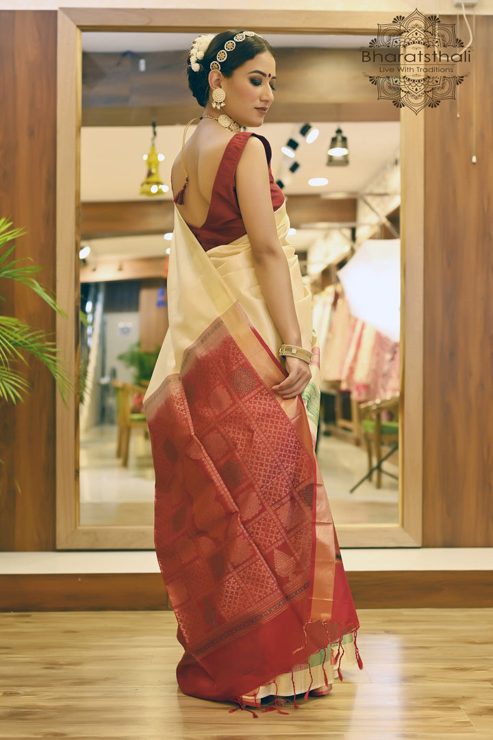 Cream Color Pure Silk Sambalpuri Saree with Red Pallu and Temple Border