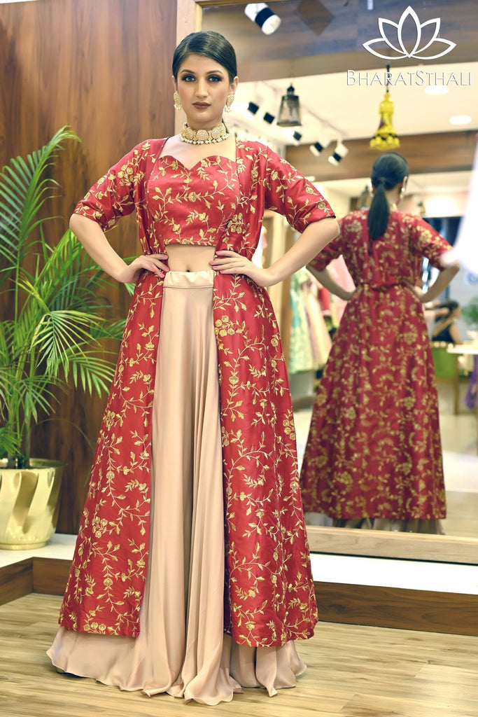 Beige with Red Silk Designer Lehenga Choli with Thread Embroidered Lon –  BharatSthali