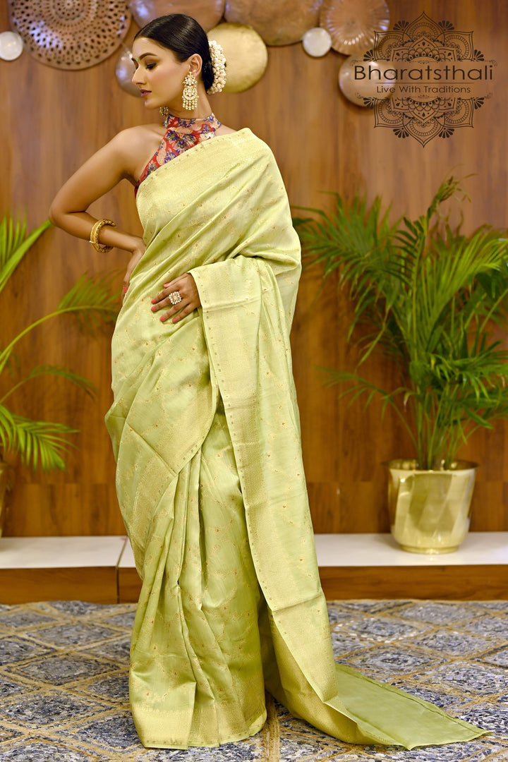 Pista Green Color Pure Banarasi Silk Saree with Golden Work