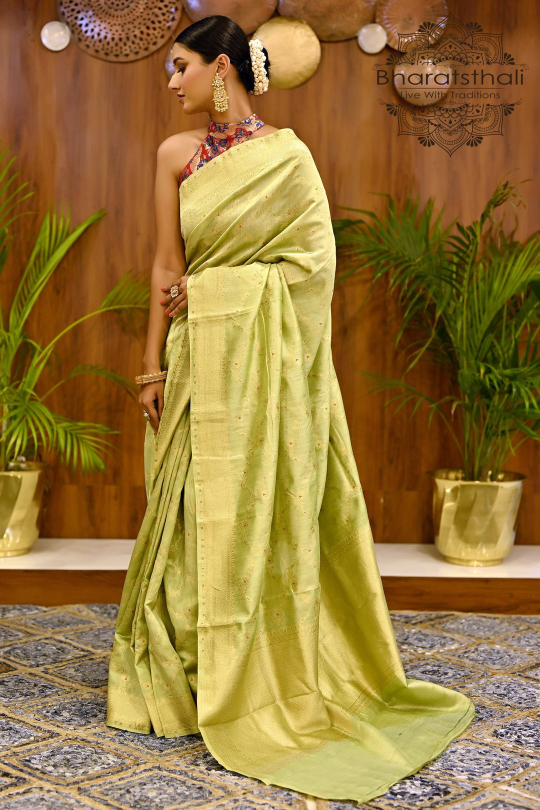 Pista Green Color Pure Banarasi Silk Saree with Golden Work