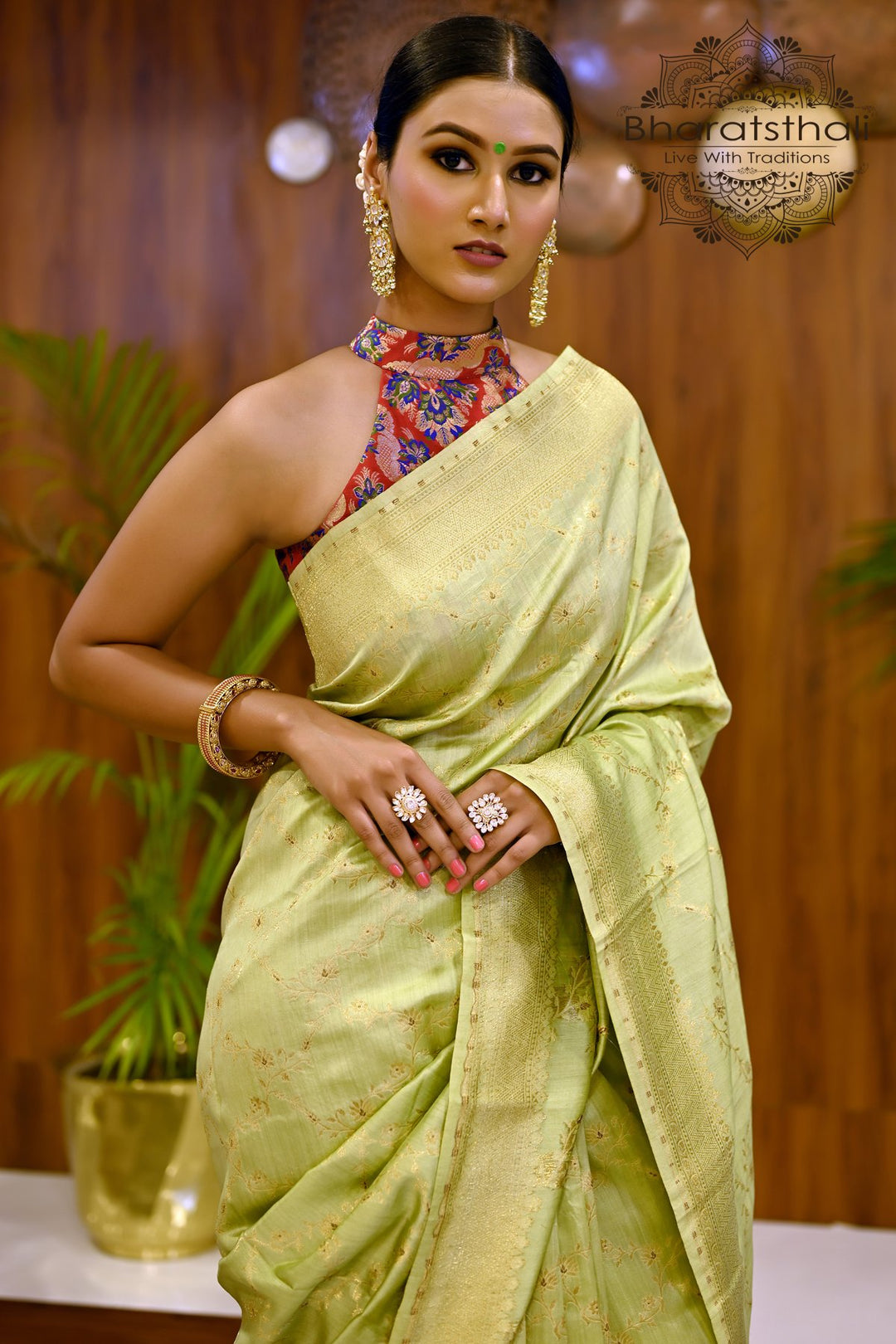 Pista Green Color Pure Banarasi Silk Saree with Golden Work