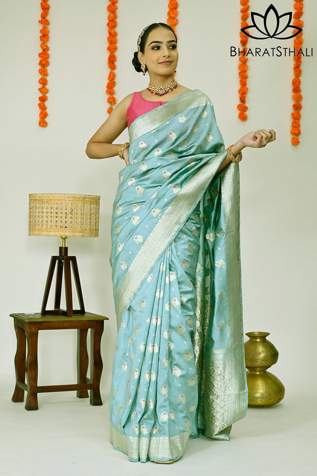 Bluish Grey Color Pure Banarasi Silk Saree with Richness of Zari 