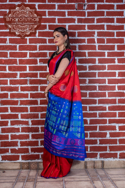 Classy silk saree in blue and red silk combination with small manga zari  motifs – Meshira