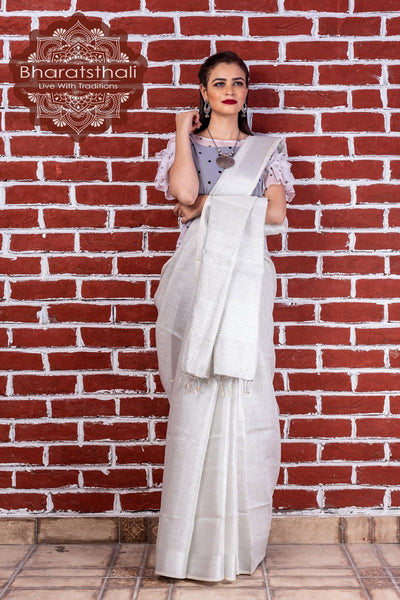 Linen White Assam Silk Saree with Zari Weaving Butti overall – Ethnos