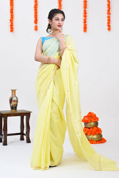Plain Handloom Saree For Women And Girls Cotton Silk In Lemon Yellow And  Sylhet Color Combination Best Quality For Everyday Use