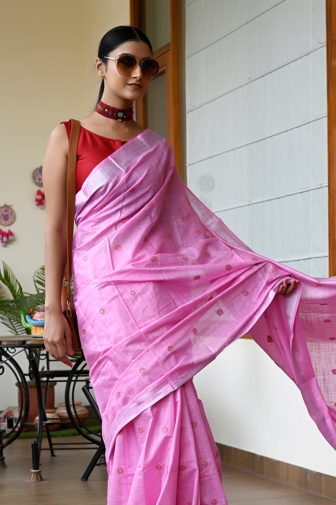 Pink Color Pure Cotton Woven Design Maheshwari Handloom Saree