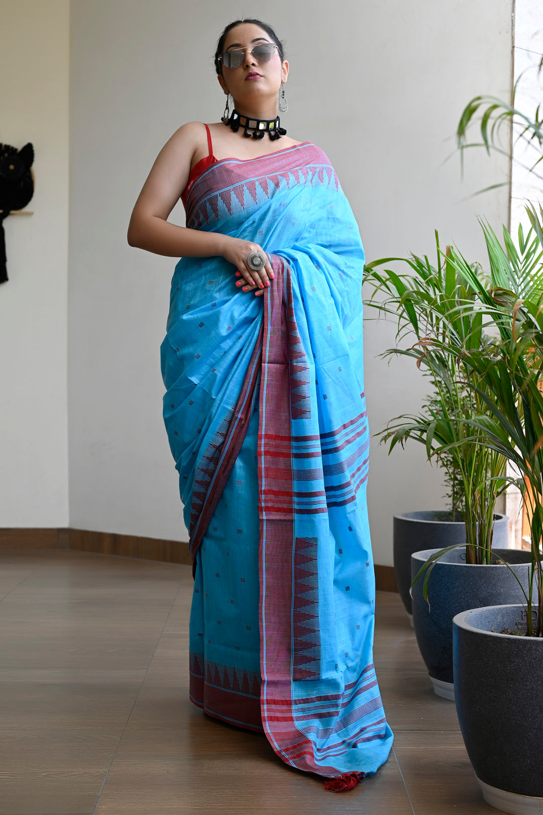 Blue Color Pure Cotton Woven Design Maheshwari Handloom Saree