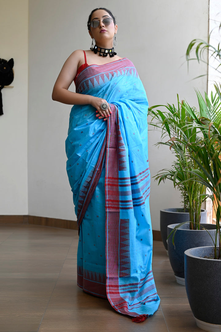 Blue Color Pure Cotton Woven Design Maheshwari Handloom Saree