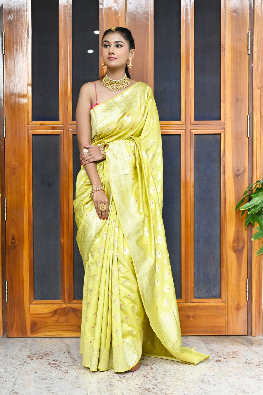 Yellow Soft Silk Banarasi Saree with Golden Zari Border and Heavy Pallu