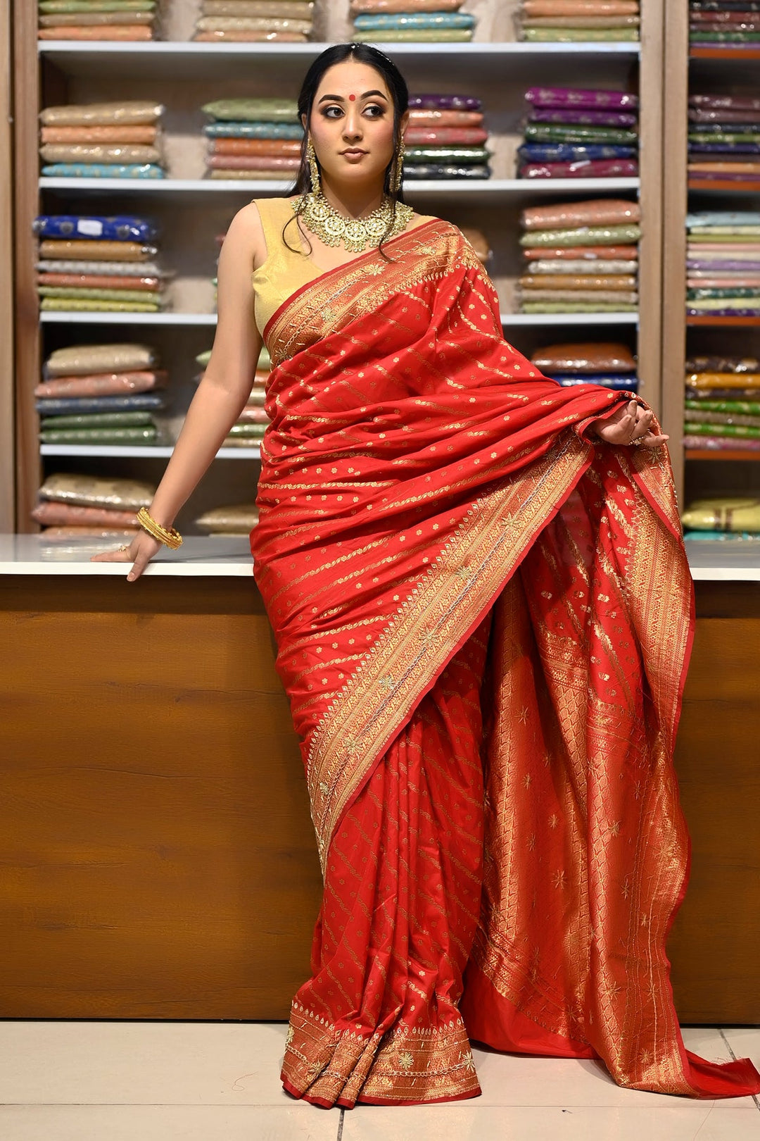 Designer Saree Zardozi Work On Banarasi Saree - Red Color