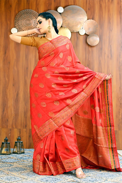 Peach Woven Khaddi Georgette Banarasi Saree With Embroidered Silk Blou –  zarikaariindia.com