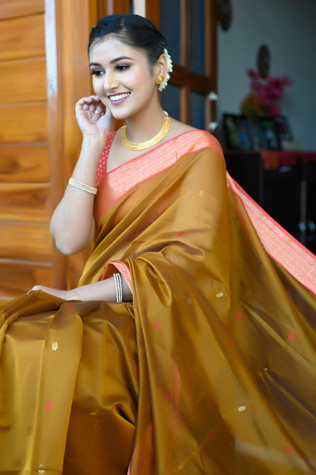 Mustard Yellow And Red Pure Maheshwari Saree With Thread Work