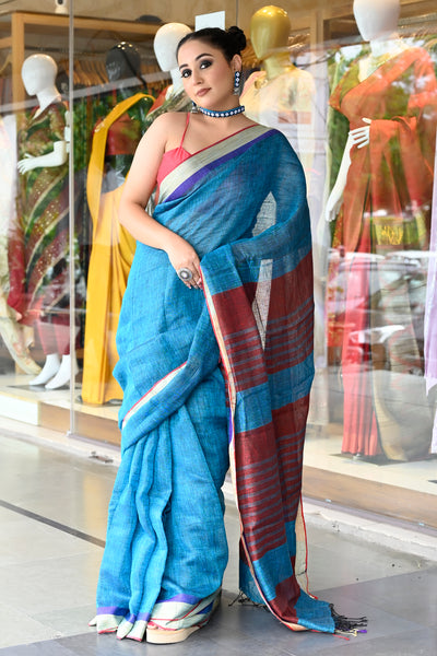 Dark Blue Linen Saree With Silver Border - Andloo