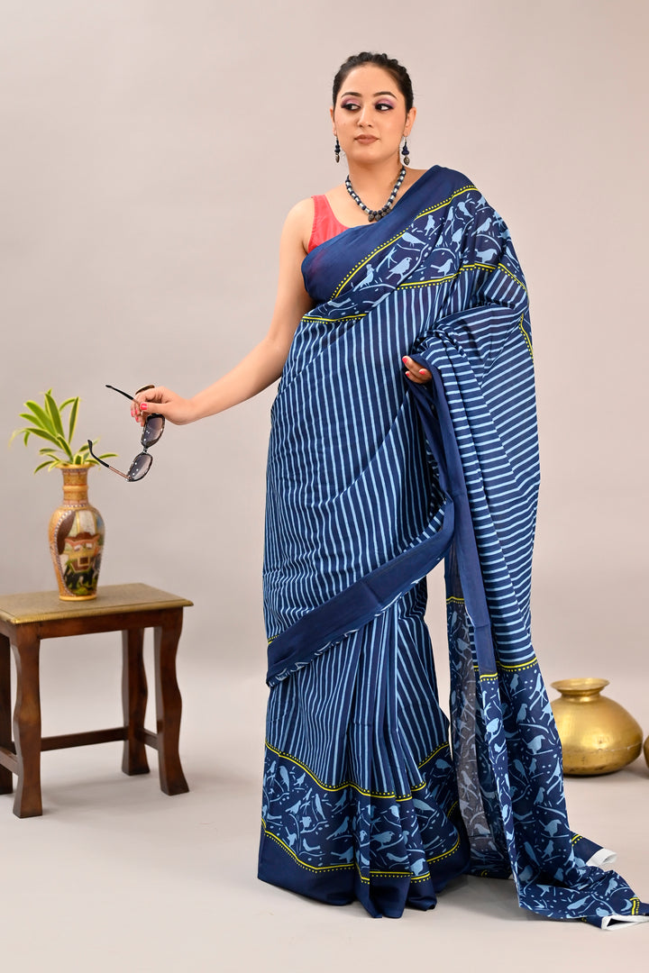 Blue Color Pure Cotton Printed Handloom Saree