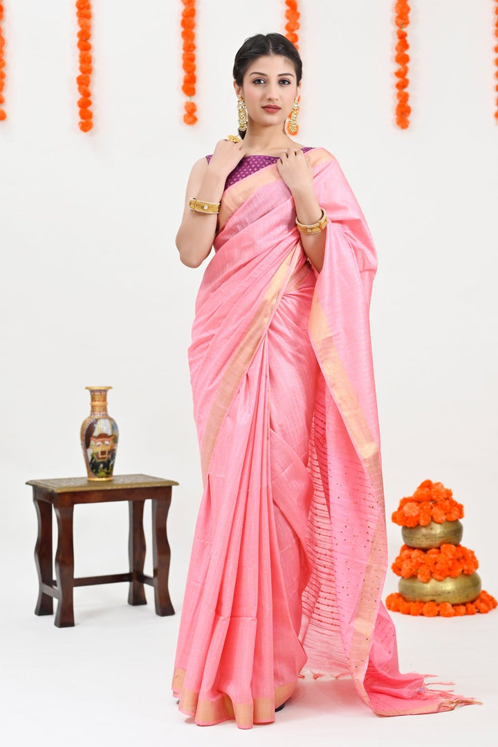 Peach Color Color Woven Design Striped Handloom Saree