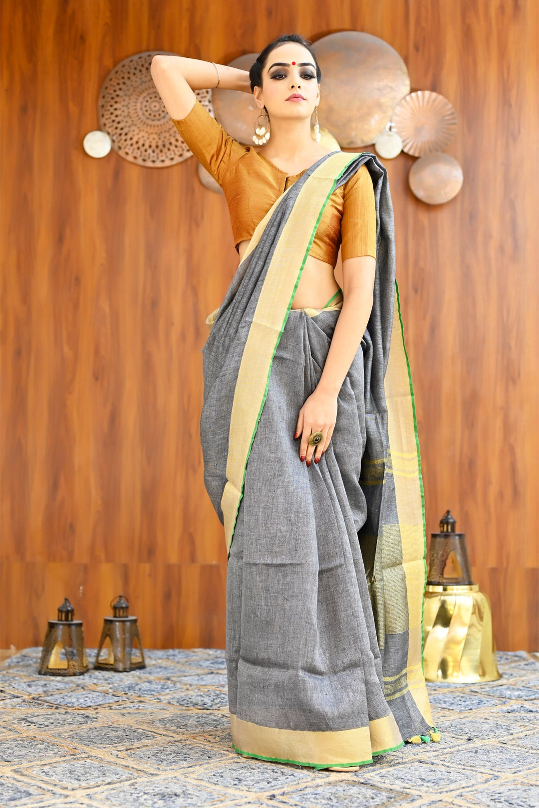 Grey Color Pure Linen Solid Handloom Saree with Golden Zari Border