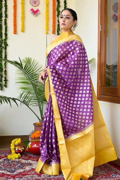 Silk Sarees : Purple lichi silk jacquard work wedding saree