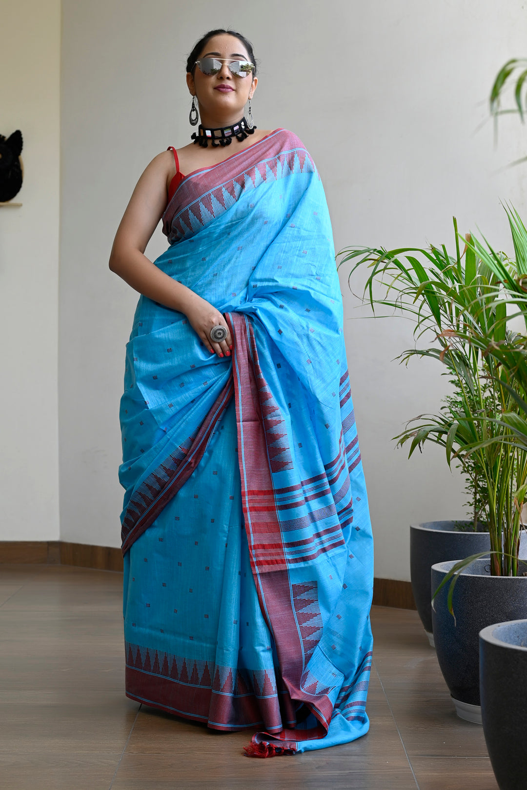 Blue Color Pure Cotton Woven Design Maheshwari Handloom Saree