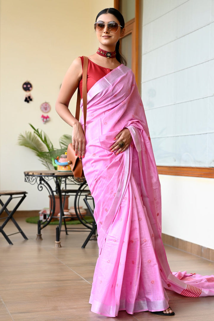 Pink Color Pure Cotton Woven Design Maheshwari Handloom Saree