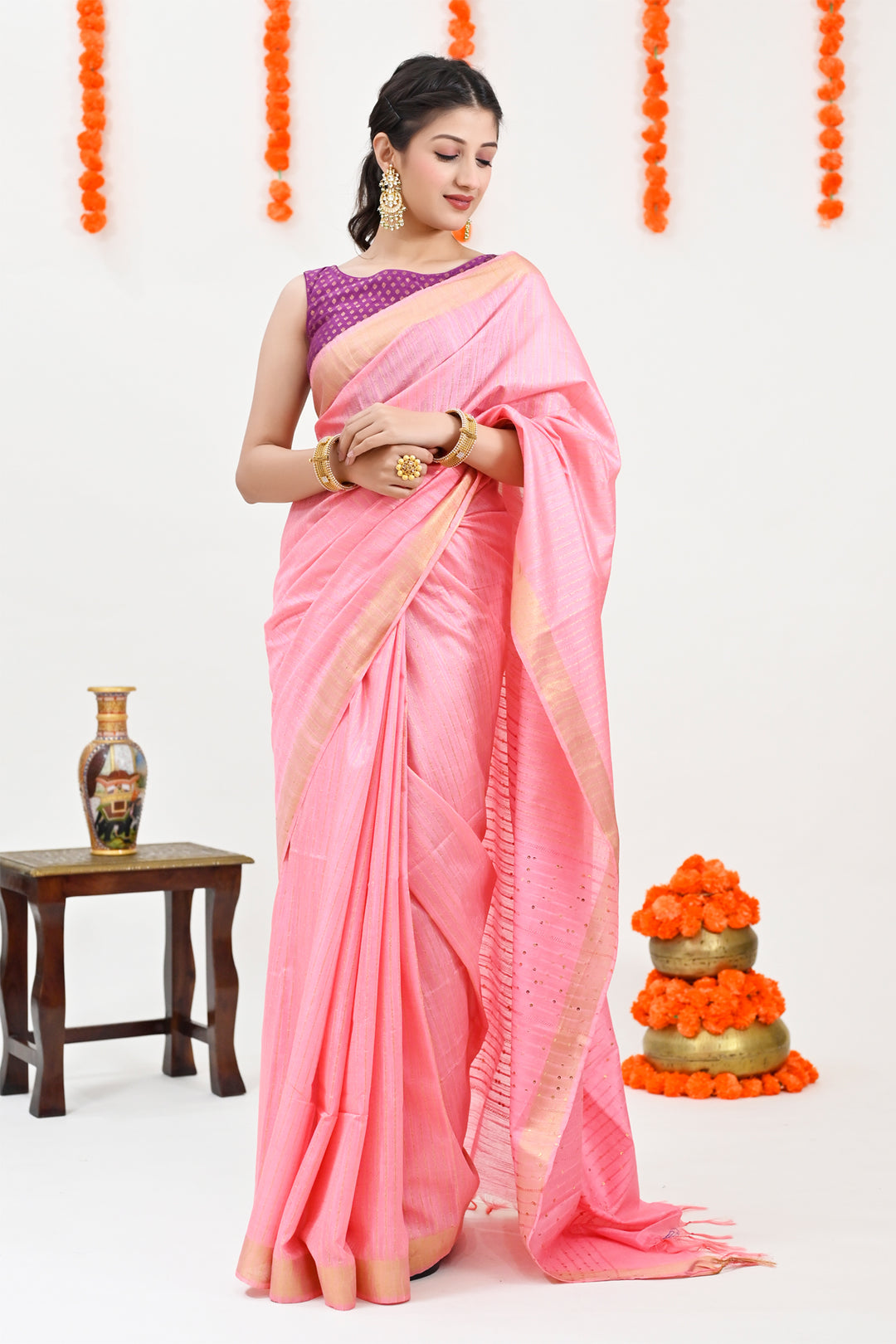 Peach Color Color Woven Design Striped Cotton Handloom Saree Sequence Work