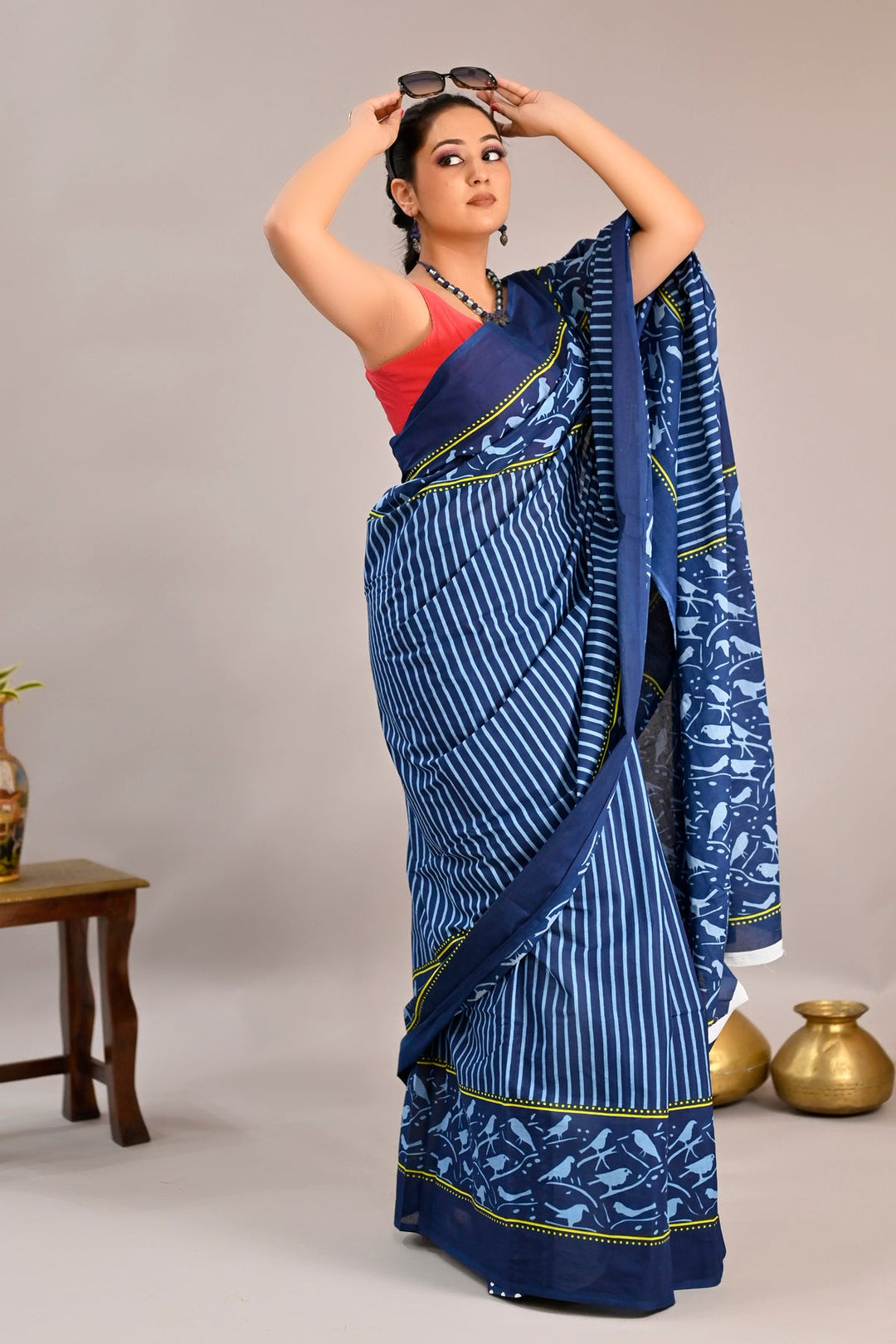 Blue Color Pure Cotton Printed Handloom Saree